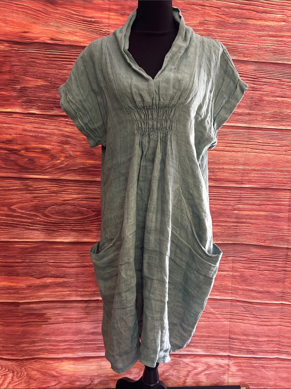 Meo Meli Relaxed Green Linen Tunic Dress with Pockets | Medium